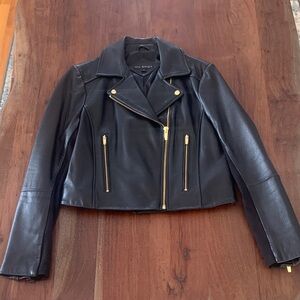 Via Spiga, Black Lamb Leather Cropped Motto Jacket with Stretchy Sleeves, Sz L